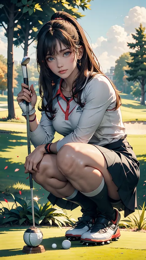 Beautiful Japanese woman in golf wear, Real person, Detailed body, squat, Live Action, Skirt flip, Being on the green at a golf course、Putter Shot、Hold the putter in front of you and read the grain