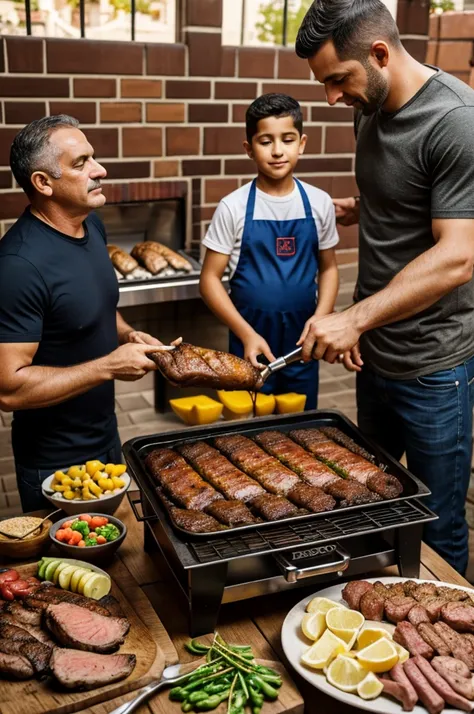 Fathers Day, dad preparing roast, en asador de parrilla, asando carne, pollo y chorizos, in the company of his family. hyper realistic photography 