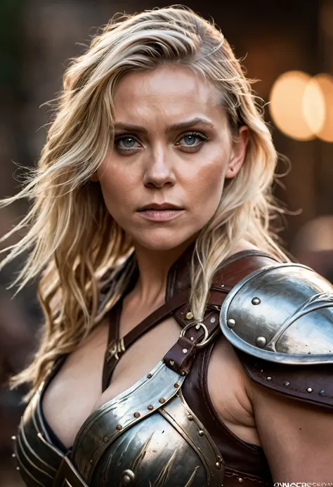 Looks like Elisabeth Olsen, A beautiful barbarian woman, blonde hair, punk hair, sword and sorcery, skimpy armour, high detail face, high detail skin, muscle definition, high resolution, photo-realistic, cinematic lighting, depth of field, bokeh