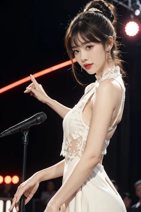 1girl,bangs,bare arms,collar,maxi white lace cheongsam,detailed background,detailed eyes,brown hair,earrings,upper body,jewelry,slim,flat chest,ponytail,looking at viewer,makeup,night scene,red lips,signature,laughing,solo,standing,On the T-stage,catwalk,f...