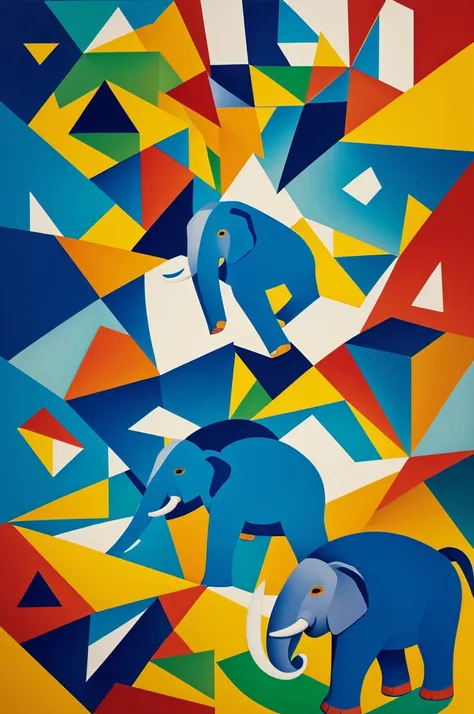 "Visualize a cubist interpretation of an elephant soaring through the sky above a vibrant and dynamic forest. Break down the form of the elephant into geometric shapes and fragmented planes, capturing its movement and energy in a unique and abstract way. I...