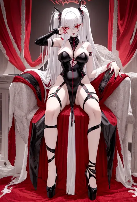 A sexy anime girl with white hair, red eyes, and demonic features, wearing black nail polish, in a provocative pose with spread legs, highly detailed, 8k, masterpiece, vivid colors, erotic, kawaii, hentai, nude body