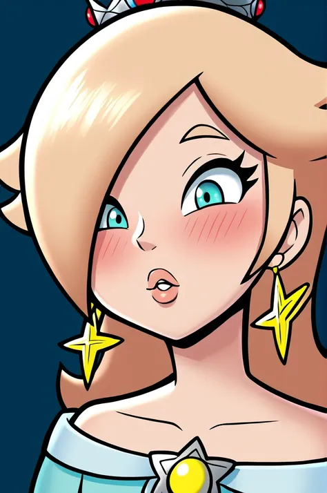 score_9, score_8_up, 2d, flat color, thick outlines, 1girl, solo, rosalina, light blue dress, outer space, ((big boobs)) close t...