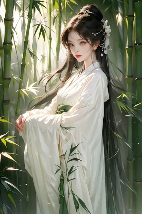 girl，Surrounded by bamboo forests，spring，Dark green traditional clothing，Medium shot，Clear face，Look at the lens，Chinese style，Traditional Culture，Bamboo Personification，Anthropomorphic style，Blend in with the background