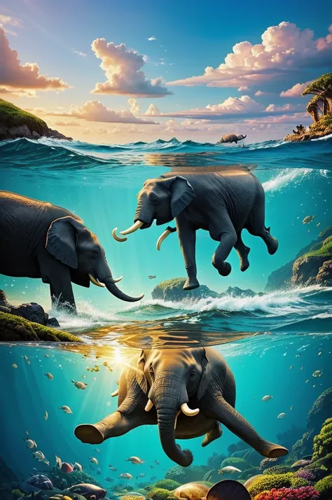 "Imagine an surrealistic artwork of an elephant gracefully swimming in the sea, bathed in the golden light of the sun. Capture the juxtaposition of the massive yet gentle creature navigating the depths of the ocean with ease and elegance. Use dreamlike col...