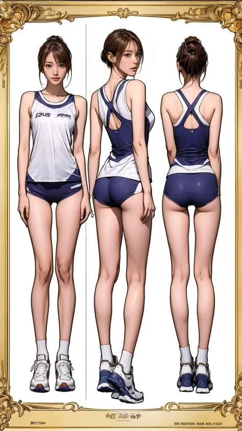 ((masterpiece)),(((Highest quality))),((Character design sheet)),Thin thighs,Long legs,Its not a big deal ,Wearing a marathon uniform and marathon shoes