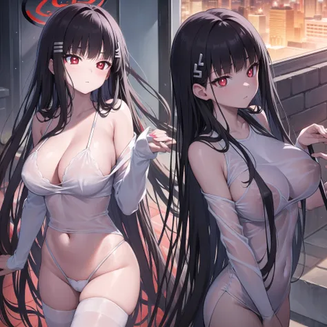 riotsukatsuki, rio, black hair, (red eyes:1.5), hair ornament, hairclip, halo, long hair,
、Extremely large breasts(4700)、Purple see-through lingerie