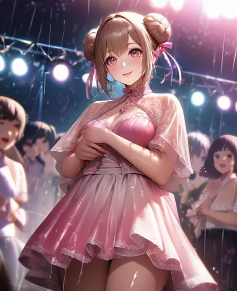 One Girl、Looking at the audience、lovely,
Beautiful pink eyes、Two brown double hair buns , Mole under the eye、Plump and glossy lips、Heart-shaped choca、Idol、Her name is May,smile、ー、。.。.。.。.。.。.。.。.。.。.。.。.。.。.。.。.。.。.3D、Realistic、
The idols costume was soake...