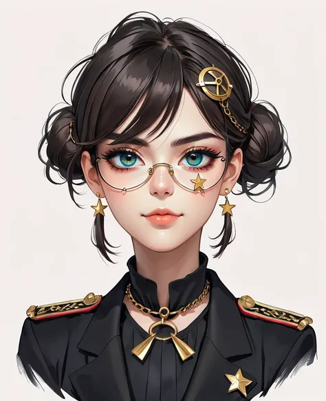 (Digital Illustration，Detailed anime style portrait of a girl wearing an eyepatch，Solitary，symmetry)，(Big colorful eyes，Fashionable and exquisite facial features，Exquisite makeup，Sweet smile，Star symbol mark on cheek，Soulful gaze，)，(Fluffy bun，Hairpin)，(Bl...