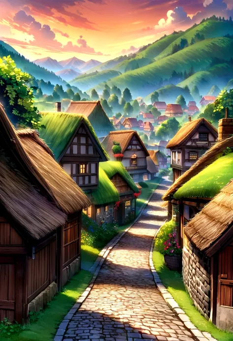 quaint village nestled in rolling hills with cobblestone streets, houses with thatched roofs, and villagers going about their daily activities."
