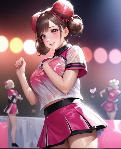 One Girl、Looking at the audience、lovely,
Beautiful pink eyes、Two brown double hair buns , Mole under the eye、Plump and glossy lips、Heart-shaped choca、Dance team uniformini skirt, Her name is May,smile、ー、。.。.。.。.。.。.。.。.。.。.。.。.。.。.。.。.。.。.3D、Realistic、
Dan...