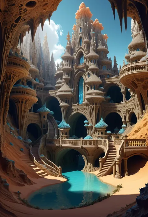 hay muchas cavidades invertidas (diferentes habitaciones, unidas por salientes de mandelbulb que forman pasadizos) in the middle of an underground canyon that makes up a mandelbulb mud village at different heights with many balconies and stalactites and st...