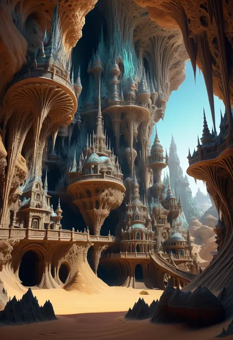 hay muchas cavidades invertidas (diferentes habitaciones, unidas por salientes de mandelbulb que forman pasadizos) in the middle of an underground canyon that makes up a mandelbulb mud village at different heights with many balconies and stalactites and st...