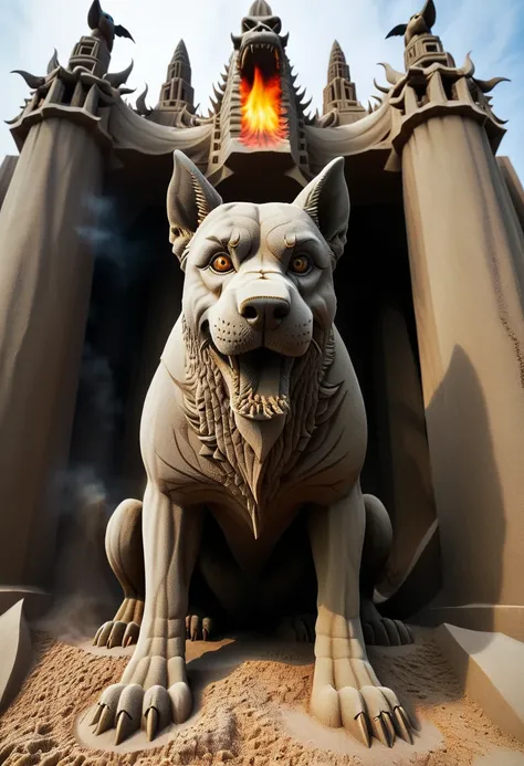 Sand sculpture style,  Three-headed dog wandering around in hell，Three heads，A huge pillar of fire emerges from its beak，Fly into the air，Sharp eyes，Fangs，Hell scenes，Strong sense of déjà vu 。