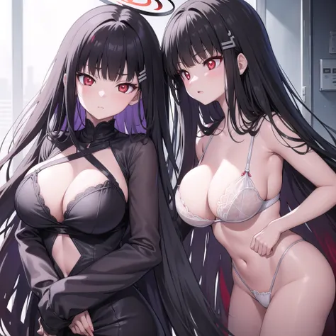 riotsukatsuki, rio, black hair, (red eyes:1.5), hair ornament, hairclip, halo, long hair,
、Extremely large breasts(4700)、Purple see-through lingerie、Two girls hugging each other