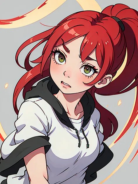 Create an anime girl who looks 24 years old, she will have red hair and green eyes and an angry expression 