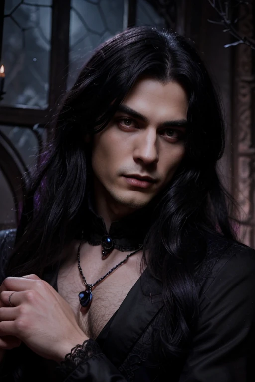 Lovely young handsome hetero Man Jinx Edward vampire with super big indigo eyes and gems and long black hair, with nice and delicate face, in a dark gothic magic castle with annie and claudia and Lestat, in Red Rose manor. Terror ambient. The more handsome...