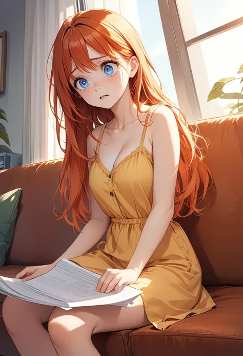 detailed illustration, dynamic angle, ultra-detailed, illustration, 1girl, 24 years old, orange red hair, long hair, bright blue eyes, detailed eyes, worried look, sitting on couch, living room, daylight, morning, holding papers, yellow sundress, cleavage,...