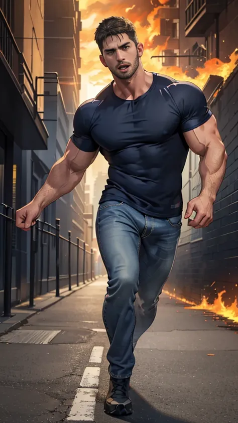 (Create a masterpiece: 1.2),(CGI art:1.3),(realistic:1.5),(After processing:1.3),(Sharp focus:1.3),1 man , straight, front ,Chris Redfield , (round neck T-shirt:1.2) ,Wear color navy round neck T-shirt with a police badge: 1.4), Navy blue jeans, Korean guy...