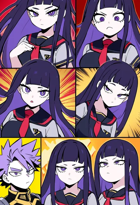 My Hero Academia style with the UA uniform - A girl with long straight dark purple hair and cute bangs with very pale white skin and purple eyes with very long eyelashes with a serious My Hero Academia style expression.