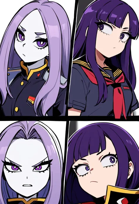 My Hero Academia style with the UA uniform - A girl with long straight dark purple hair and cute bangs with very pale white skin and purple eyes with very long eyelashes with a serious My Hero Academia style expression.