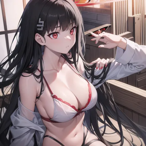 riotsukatsuki, rio, black hair, (red eyes:1.5), hair ornament, hairclip, halo, long hair,
、Extremely large breasts(4700)、 lingerie