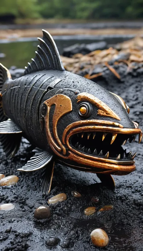 close-up of a fish emerging from wet black mud(viking-style marvel's ghost rider:1.3)、very detailed、cigarette、spark、metal shavin...