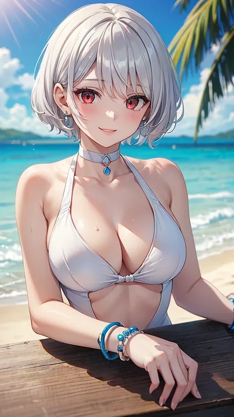 High quality Best quality 8k 1 Lady (((White swimsuit)) ((Blanche)) Short hair ((Shortcut)) (silver hair) (Perm) (Fluffy)) ((shining red eyes)) (Red cheeks)) See here Very large breasts Smile Choker, earrings, (bracelets on) (((upper body))) (((cute and se...