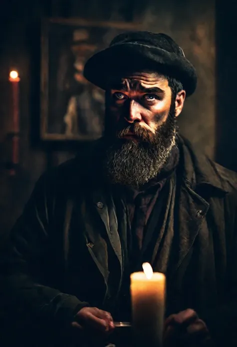 an anxious man with an eye patch, bearded and rugged face, wearing a hat, holding a candle, in a dark room, dramatic lighting, f...