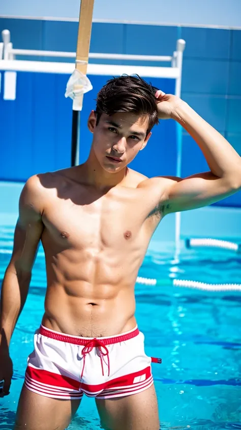 male Age 24 swimwear lifeguard topless cool