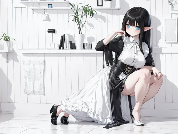 1 female elf, black hair, wearing a maid outfit, look at the details, fine grain, seductive look, the background is white, monoc...