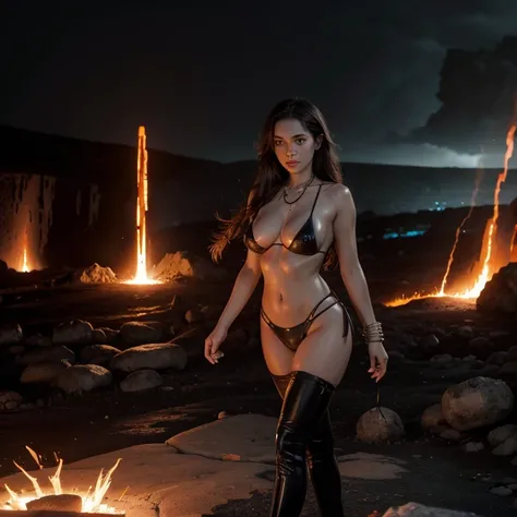 Succubus, walking in a breach, lava on the background