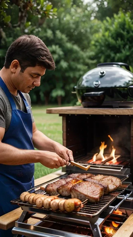 Realistic UHD photography, Fathers Day, dad cooking roast meat on barbecue, preparing roast meat in small pieces. Accompanied by his family 