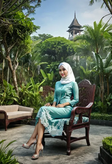 Photo Realism, masterpiece, high quality,Indonesian women ,wearing kebaya ,hijab,full-body shot,mini skirt,sexy pose, sitting at chair garden,