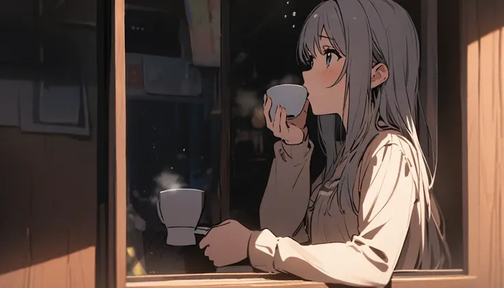 Girl Looking Out Window,Coffee in hand,The girl is 1/5 of the screen,Emotional