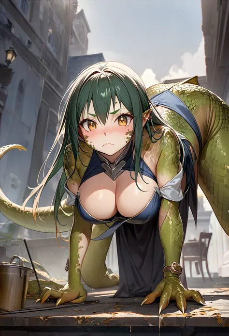 ((Highest quality、unity 8k wallpaper、32K、masterpiece、Very detailed、Ultra-high resolution、Ultra-high resolution、 Very detailedな顔, RAW Photos, Professional, Ultra-fine painting, Fine metal texture, Genuine)) Kotegawa Yui morphing into lizardwomen, Long tail、...