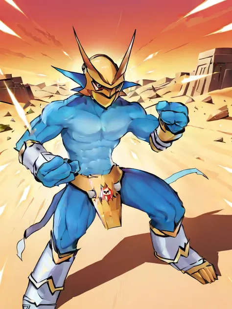 solo,angry Magnamon,tall, musclar,blue and white skin,(battle damaged:1.5),(topless Magnamon:2),(armor fragments:1.5),(shirtless:1.5), fighting_stance, in desert ,full_shot
