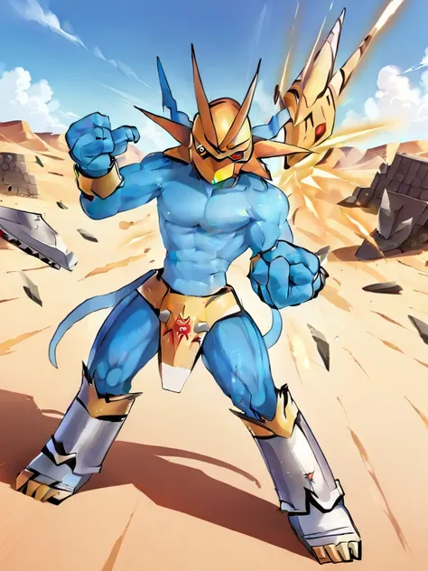 solo,angry Magnamon,tall, musclar,blue and white skin,(battle damaged:1.5),(topless Magnamon:2),(armor fragments:1.5),(shirtless:1.5), fighting_stance, in desert ,full_shot
