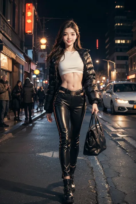 a girl,Long sleeve，Boss，Navel down jacket，(bare midriff, exposed navel), sexy abs, navel open，completely exposed abdomen, Low-rise pants，Exposing the entire abdomen，Expose the mermaid line，，metal belt, winter，street, cinematic lighting, ray tracing, Fujico...