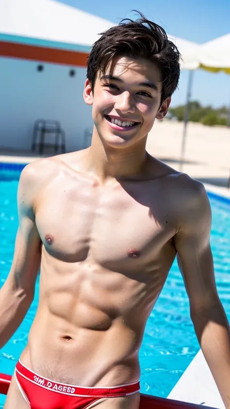 male Age 19 swimwear lifeguard topless smile