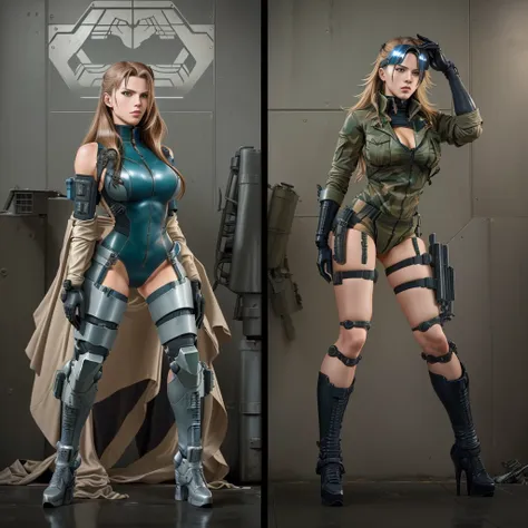 there are two pictures of a woman in a uniform and a man in a suit, metal gear solid art style, metal gear solid style, metal ge...