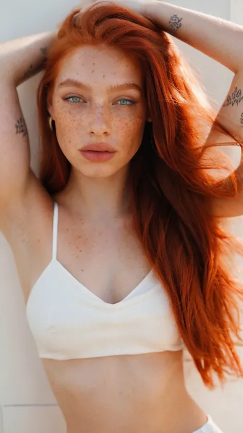 raw photo, (18yo redhead girl:1.2), graphic eyeliner, rouge, realistic skin texture, Freckles, green eyes, Pele branca clara, instagram style, Pale white skin, redhead pattern,