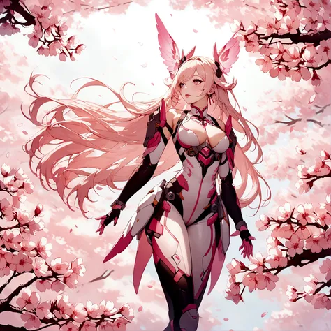 Pink mercy with long hair from overwatch surrounded by cherry blossoms in flight