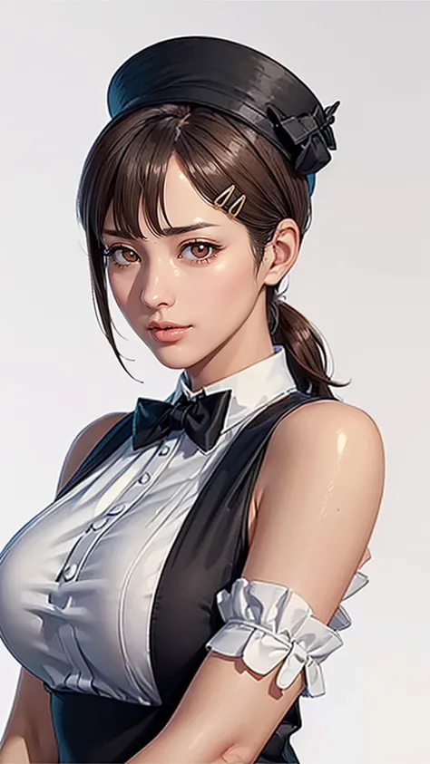 (（（Perfect body,White and tender skin,（（（Black strap dress, black long bow tie, white lining, black hat）））,（（（kobeni higashiyama, black hair, hair ornament, hairclip,  ponytail, short hair, (brown eyes:1.5),）））,((masterpiece)),highres,((Best quality at bes...