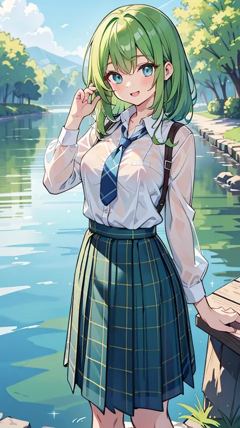 ((A Pretty school girl with green hair and blue eyes)), ((wearing see through white collar shirt and plaid skirt)), Baby face, ((top-quality, master piece, ultra-definition, high resolution)), anime girl, ((ultra-detailed illust:1.2)), only one person, ban...