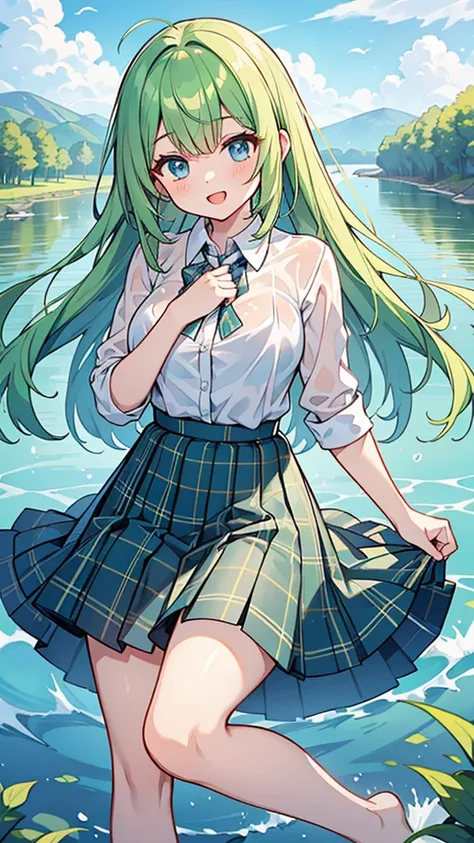 ((A Pretty school girl with green hair and blue eyes)), ((wearing see through white collar shirt and plaid skirt)), Baby face, ((top-quality, master piece, ultra-definition, high resolution)), anime girl, ((ultra-detailed illust:1.2)), only one person, ban...