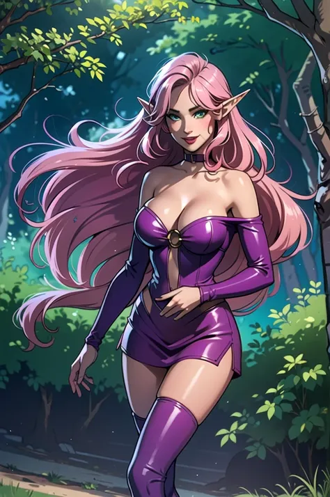 best quality, 32k uhd, insane details, ultra detailed, Masterpiece, forest lake, night setting, full bodyesbian, detailed green eyes, beautiful eyes, one elf girl, full red lips, exposed navel, bare shoulders, large breasts, exposed cleavage, pink hair, st...