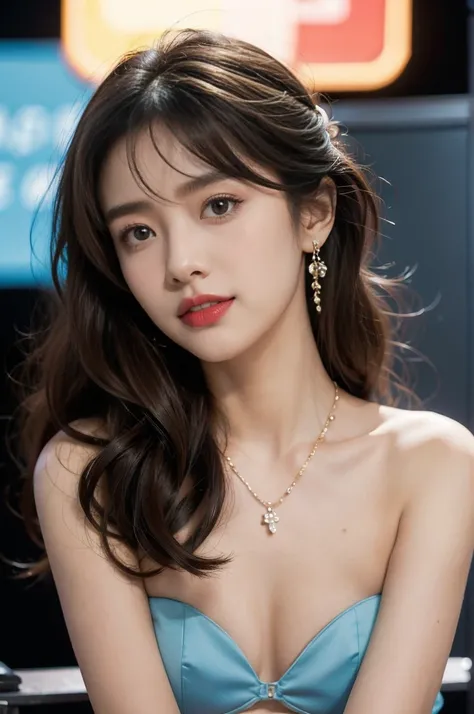 1girl,bangs,bare shoulders,necklace,strapless blue bra,detailed background,detailed eyes,brown hair,earrings,close-up of face,jewelry,slim,flat chest,messy hair,looking at viewer,makeup,night scene,red lips,signature,laughing,solo,On the T-stage,fashion sh...