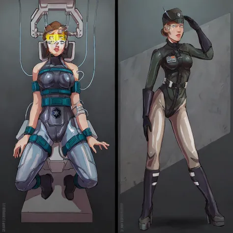 there are two pictures of a аhsoka in a uniform and a аhsoka in a suit, metal gear solid art style, metal gear solid style, meta...