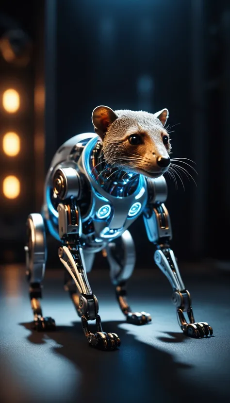 On all fours、Translucent movie stills (Mongoose as a cybernetic robot:1.5), (Glowing Veins:1.3) (The cable enters the body, circuit:1.3), Very detailed, Vignette, Very detailed, High budget, Bokeh, Sulky, amazing, nice, Film Grain, granular